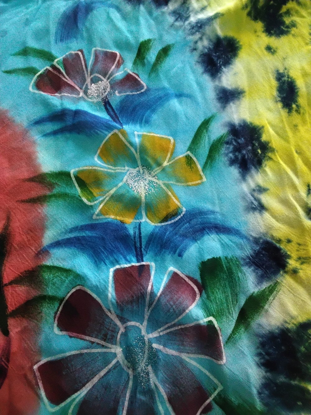 Sleeveless Tie-Dye Floral Swing Dress in Yellow, Teal & Red by - Picture 3 of 6